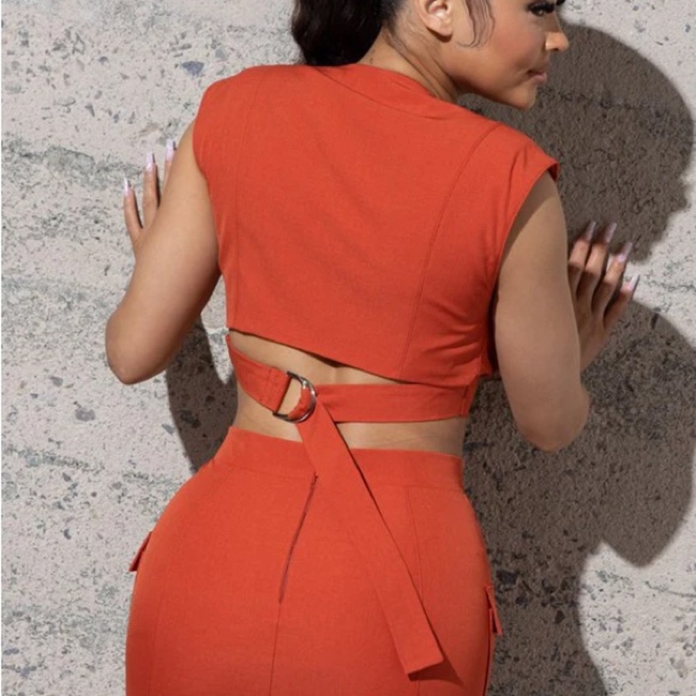 Two Piece Woven Set With Sleeveless Top and Long Skirt with Side Slits - Rust